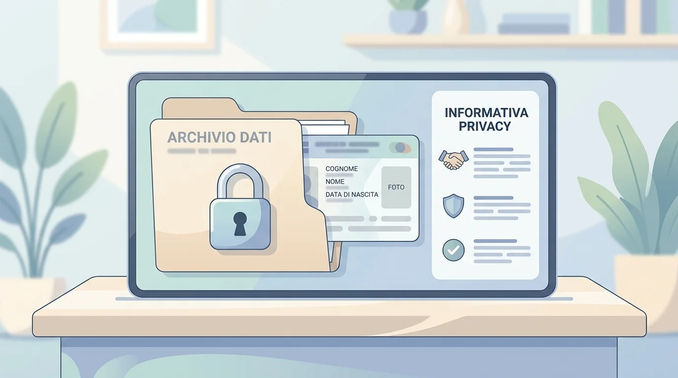 Cartella digitale con documento personale e simbolo di protezione dei dati